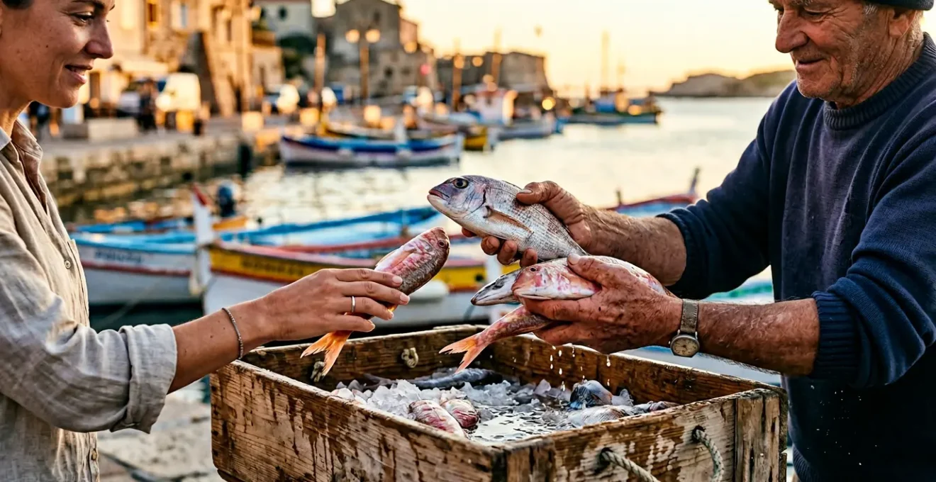 Scène authentique d'achat de poisson frais directement auprès d'un marin pêcheur corse sur le port méditerranéen au lever du soleil