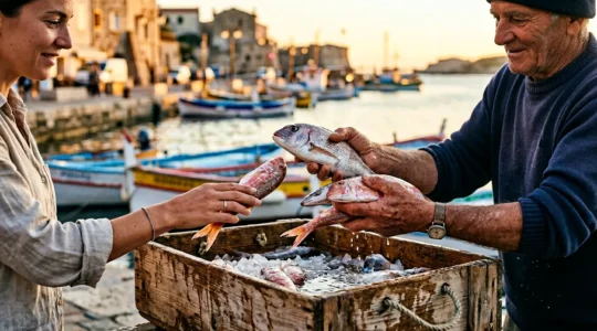 Scène authentique d'achat de poisson frais directement auprès d'un marin pêcheur corse sur le port méditerranéen au lever du soleil