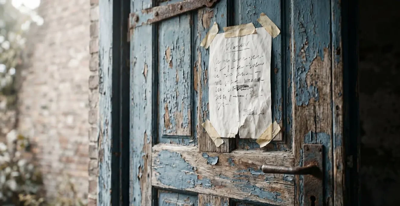 Détail d'une porte ancienne en bois avec affiche artisanale collée, Corse rurale