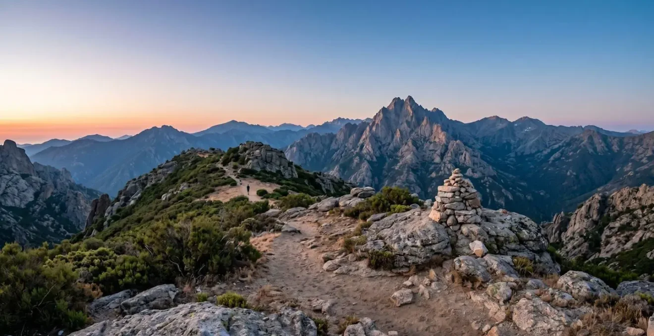 Vue panoramique depuis une épaule de sommet corse accessible par sentier de randonnée avec pic principal en arrière-plan