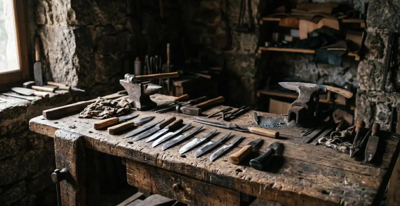 Atelier de coutelier corse avec établi en bois patiné, outils de forge traditionnels et lames en cours de façonnage, lumière naturelle latérale