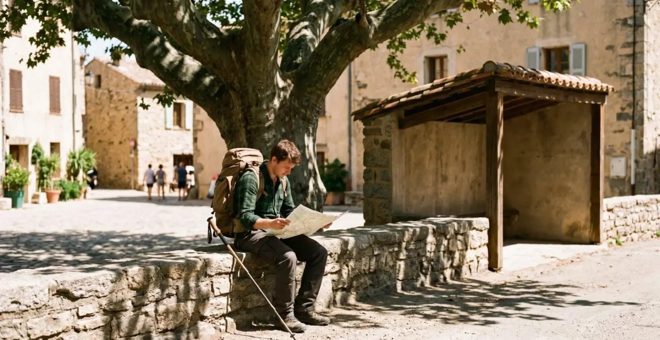 Voyageur avec sac à dos attendant sous l'ombre d'un platane à un arrêt de bus de village corse