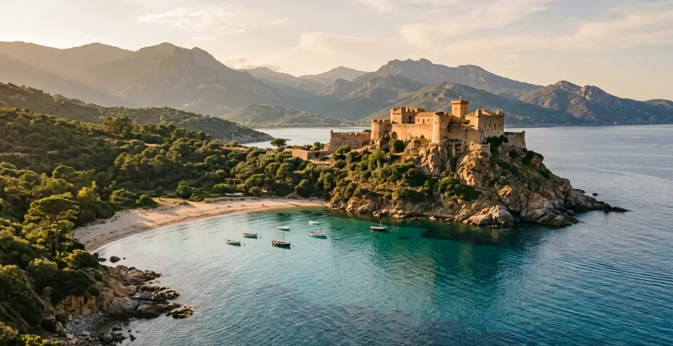 Citadelle historique corse dominant une baie turquoise avec pinède et montagne en arrière-plan