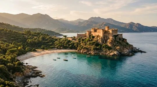 Citadelle historique corse dominant une baie turquoise avec pinède et montagne en arrière-plan