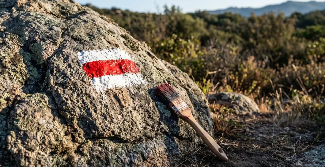 Marque de balisage rouge et blanc fraîchement peinte sur un rocher de granite en Corse avec pinceau de baliseur
