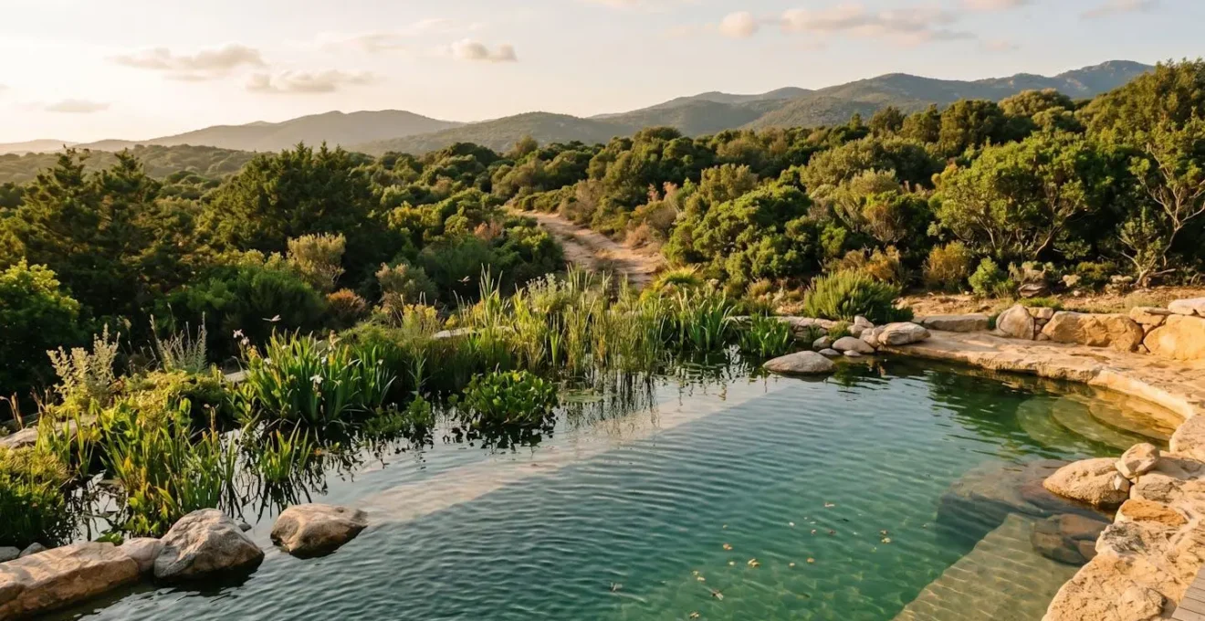 Bassin naturel intégré dans le paysage corse avec zone de lagunage et végétation aquatique