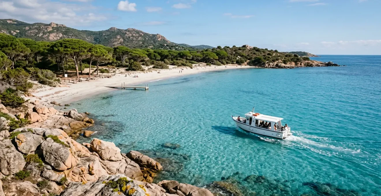 Bateau-bus côtier naviguant vers une plage corse aux eaux turquoise dans un cadre naturel préservé