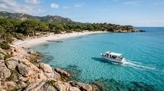 Bateau-bus côtier naviguant vers une plage corse aux eaux turquoise dans un cadre naturel préservé