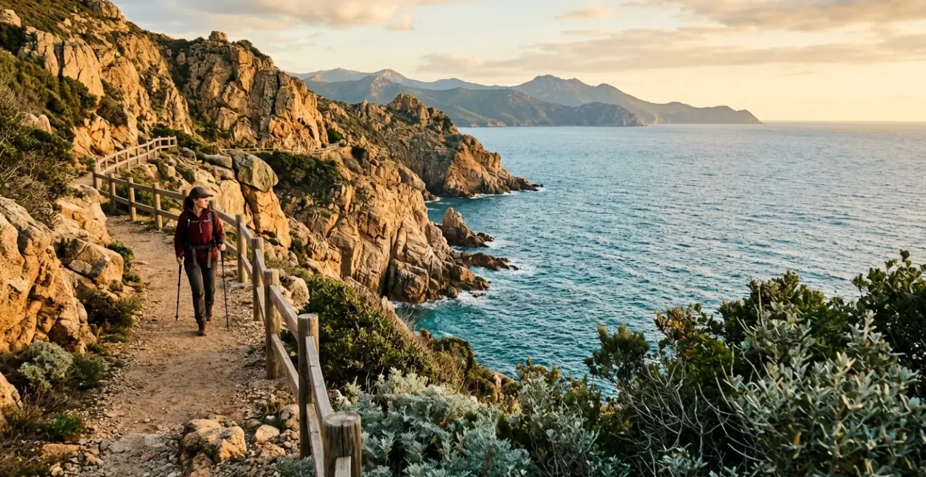 Randonneur sur un sentier côtier sécurisé avec vue panoramique sur la mer Méditerranée et les falaises corses