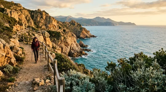 Randonneur sur un sentier côtier sécurisé avec vue panoramique sur la mer Méditerranée et les falaises corses