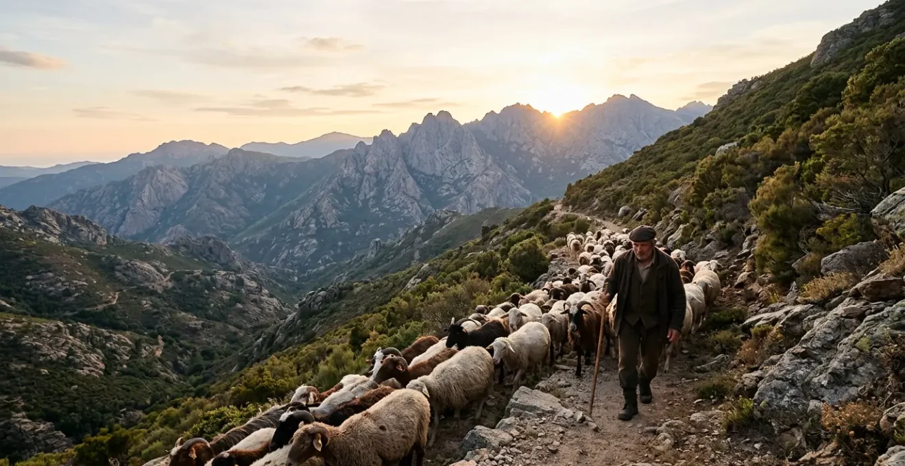 Berger corse guidant son troupeau de brebis et chèvres sur un sentier de montagne escarpé au lever du soleil, maquis corse en arrière-plan