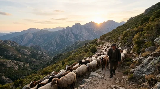 Berger corse guidant son troupeau de brebis et chèvres sur un sentier de montagne escarpé au lever du soleil, maquis corse en arrière-plan