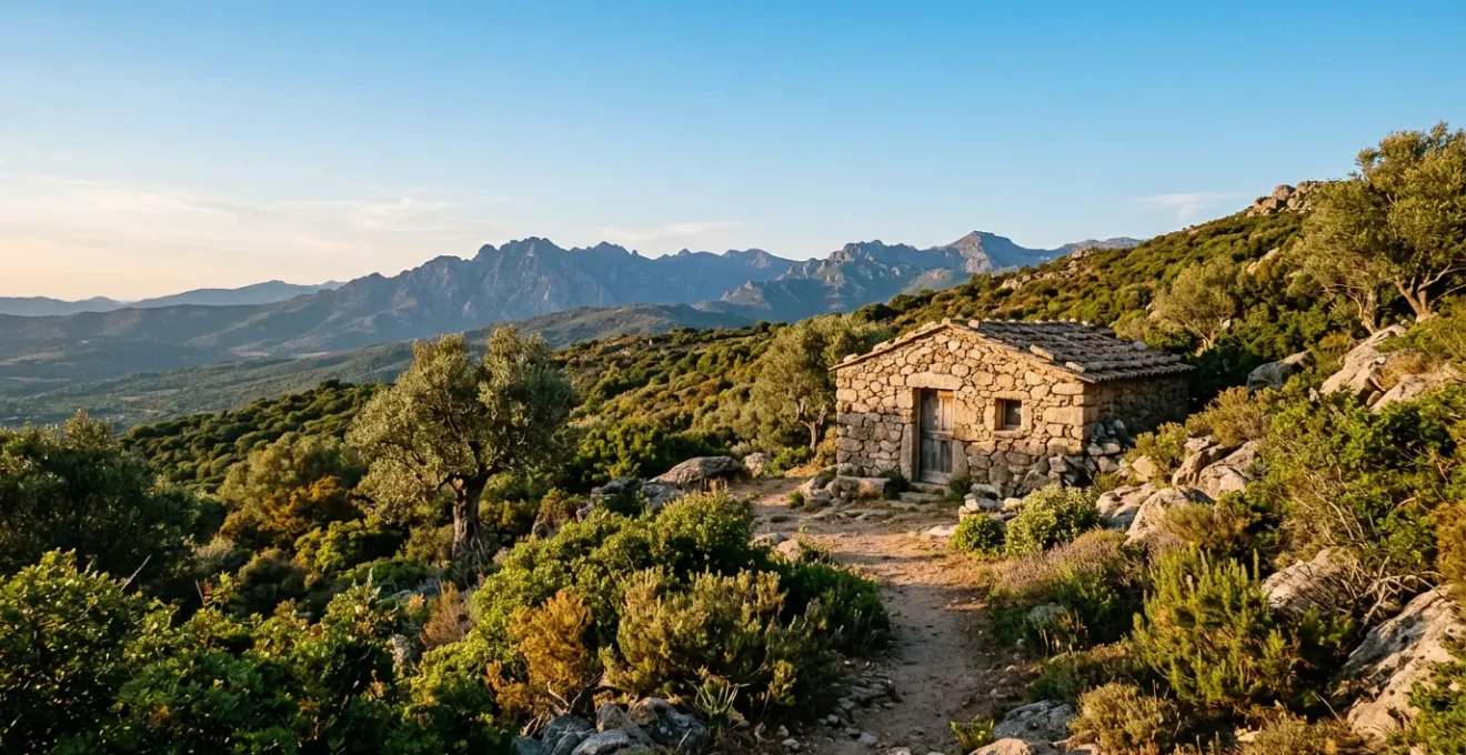 Bergerie traditionnelle en pierre de granit corse au milieu du maquis méditerranéen avec piscine naturelle