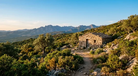 Bergerie traditionnelle en pierre de granit corse au milieu du maquis méditerranéen avec piscine naturelle
