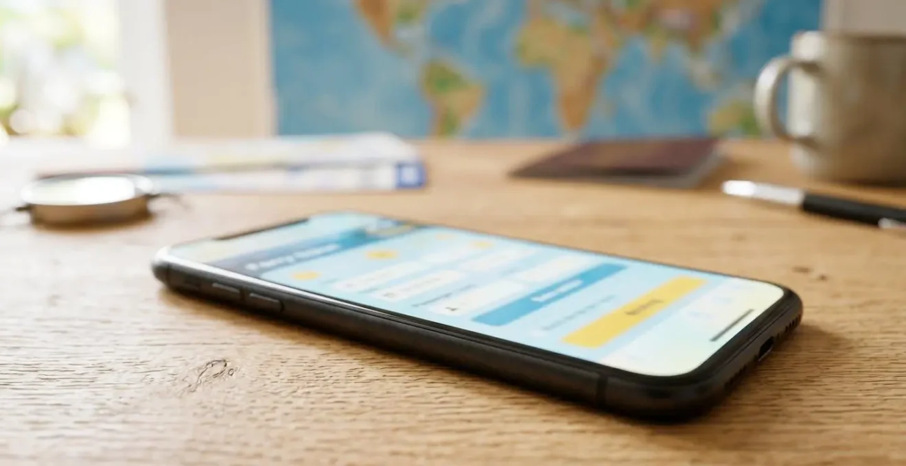 Gros plan sur un smartphone moderne affichant un billet de ferry électronique, posé sur une table en bois clair avec carte de Méditerranée floutée en arrière-plan