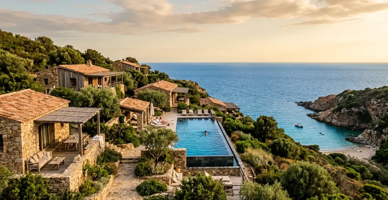 Vue panoramique d'un boutique-hôtel de luxe corse niché dans le maquis avec terrasse privée surplombant une crique méditerranéenne