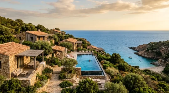 Vue panoramique d'un boutique-hôtel de luxe corse niché dans le maquis avec terrasse privée surplombant une crique méditerranéenne