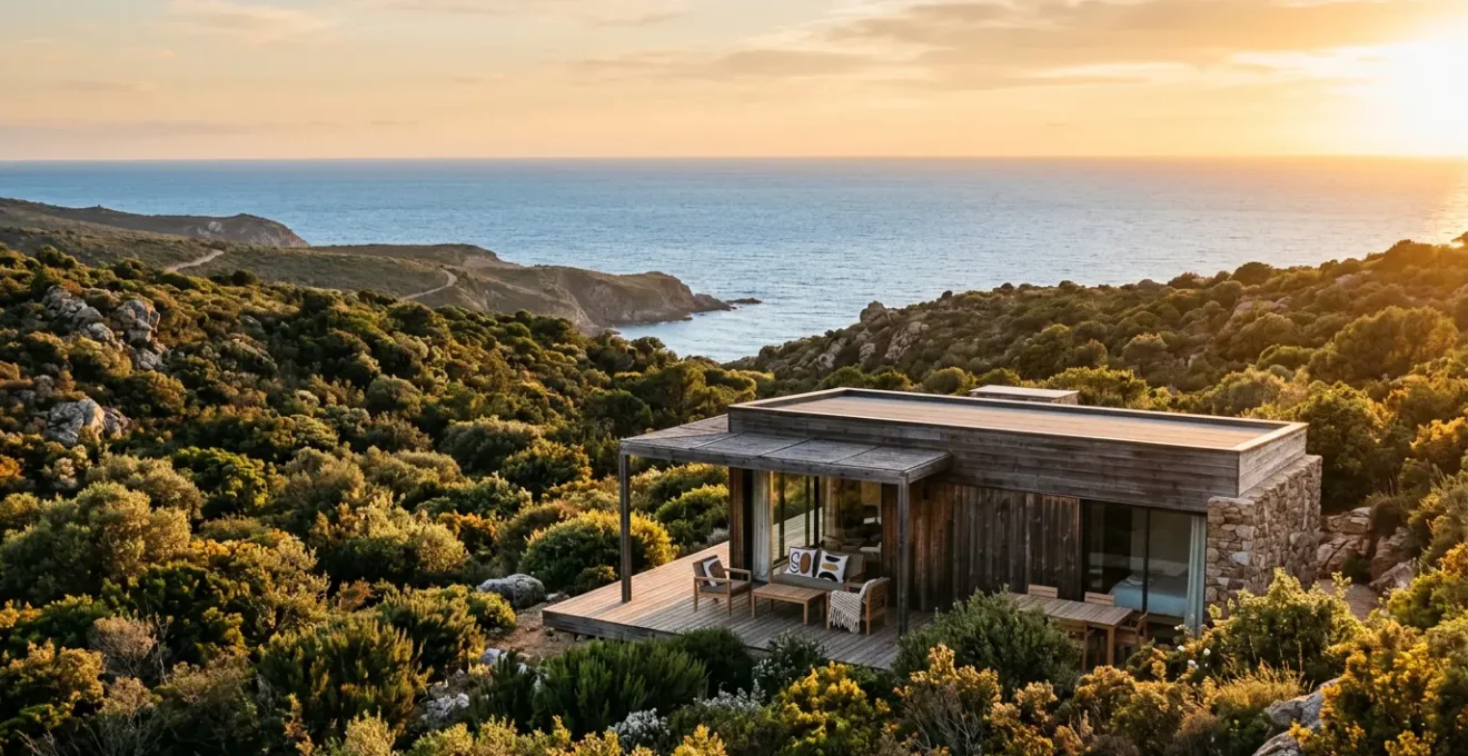 Bungalow moderne entouré du maquis corse avec vue sur la mer Méditerranée au coucher du soleil