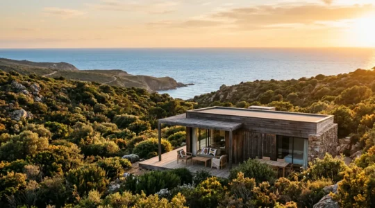 Bungalow moderne entouré du maquis corse avec vue sur la mer Méditerranée au coucher du soleil