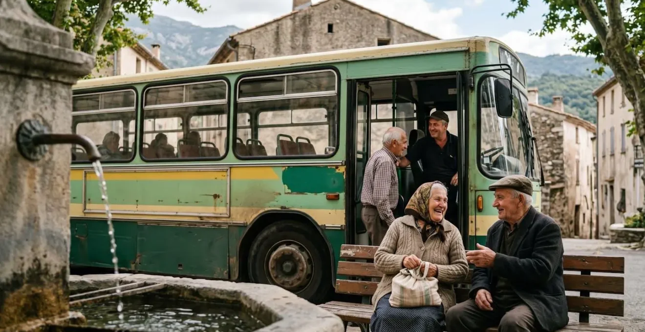 Petit autocar omnibus stationné devant une fontaine de village corse avec montagnes en arrière-plan