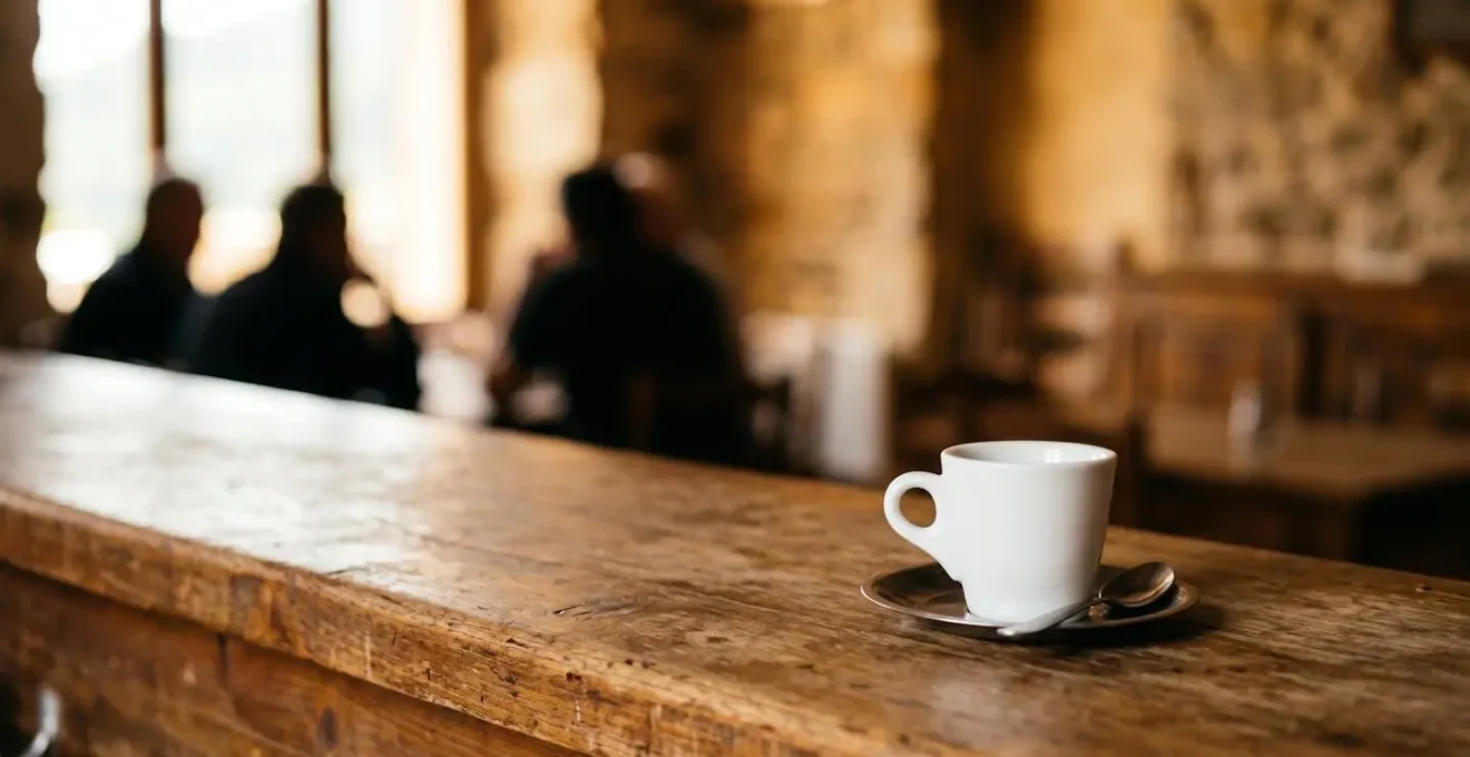 Intérieur chaleureux d'un café de village corse traditionnel avec comptoir en bois patiné et lumière naturelle