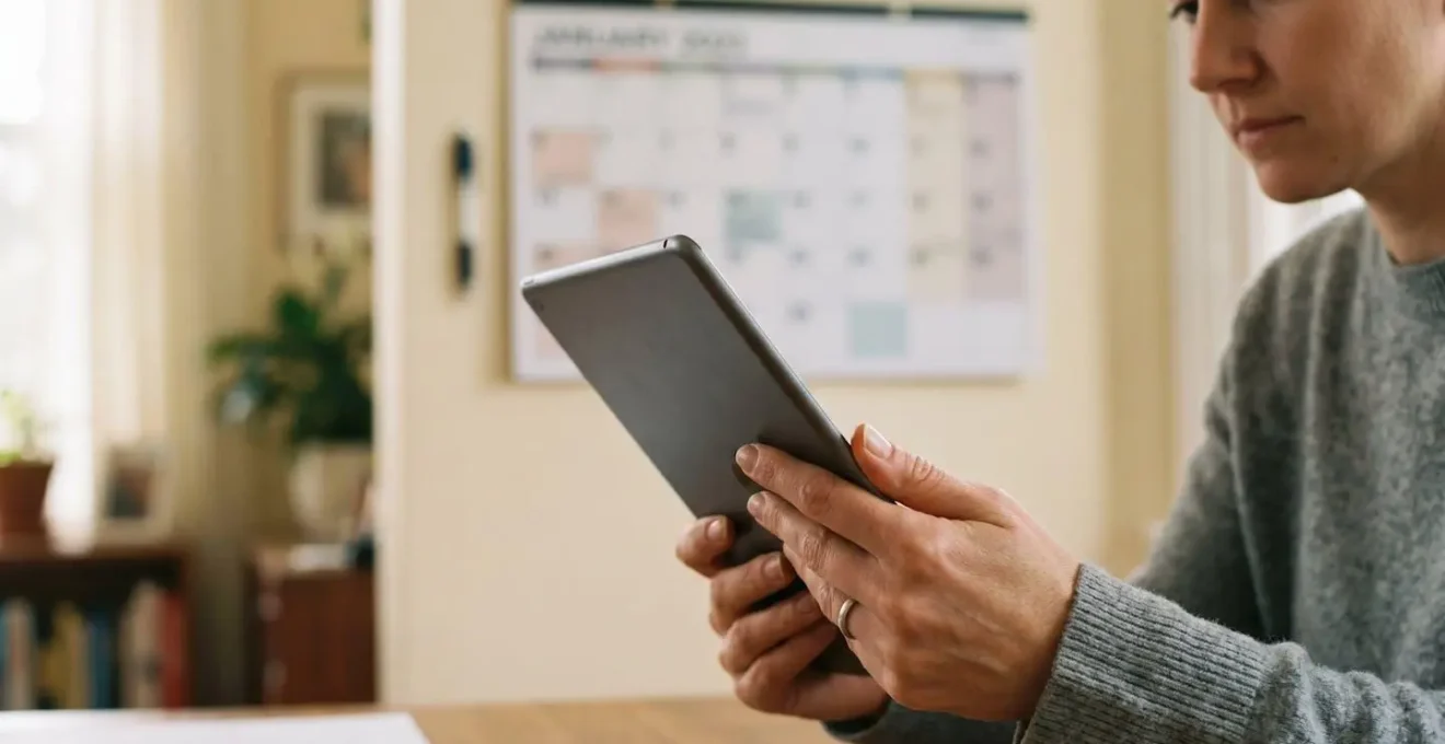 Personne consultant un calendrier sur une tablette avec des dates entourées, lumière naturelle douce