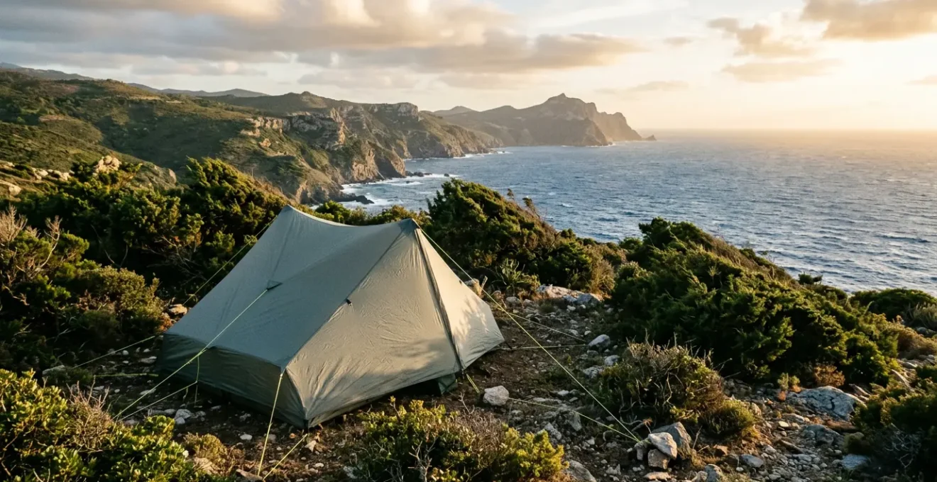 Campement de bivouac ultraléger sécurisé contre les rafales de vent sur le Cap Corse