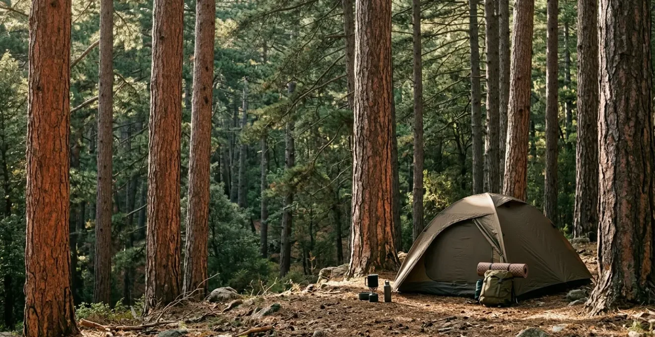 Tente de camping installée sous l'ombre dense d'une forêt de pins corses en été