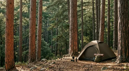 Tente de camping installée sous l'ombre dense d'une forêt de pins corses en été