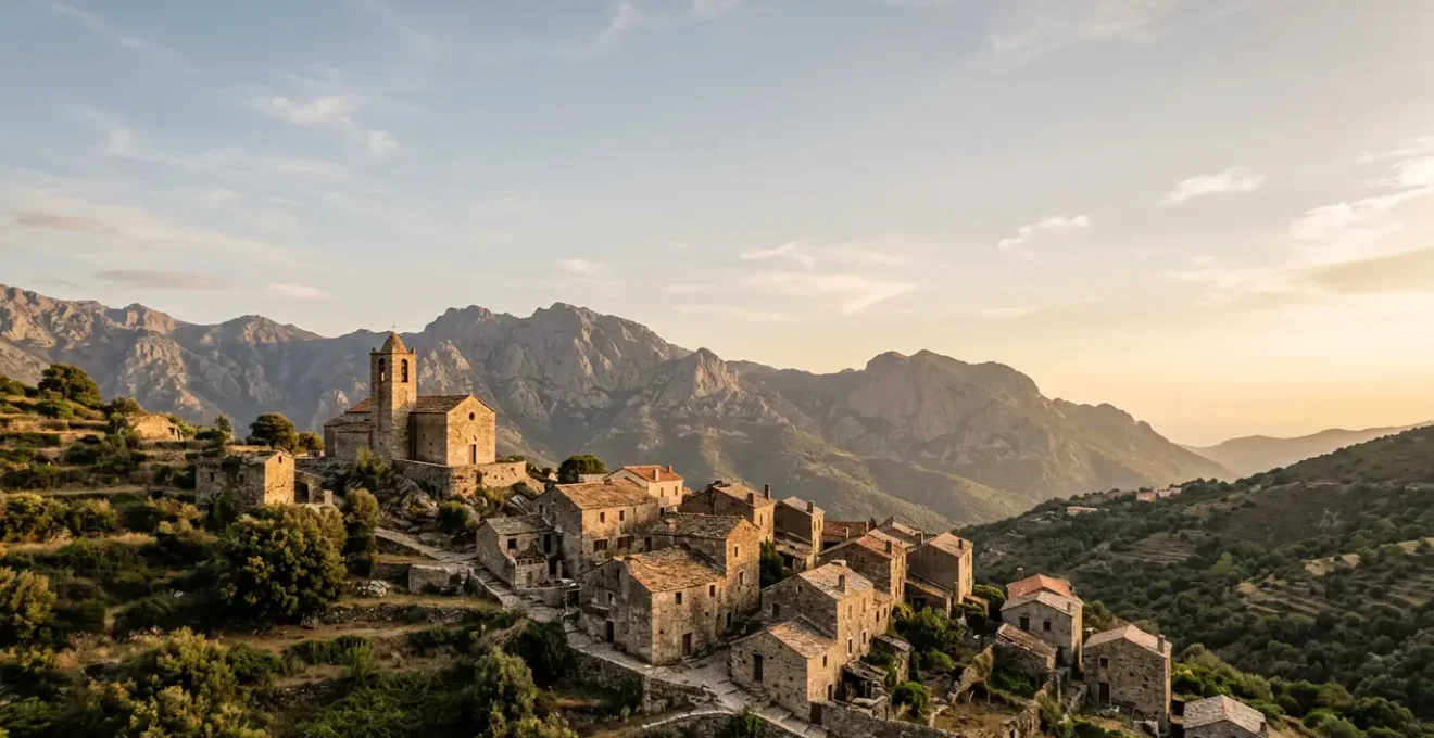 Vue paisible d'un village corse traditionnel avec église romane en pierre au coucher du soleil, hors saison touristique