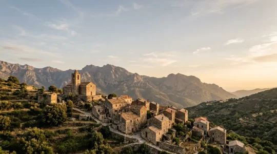 Vue paisible d'un village corse traditionnel avec église romane en pierre au coucher du soleil, hors saison touristique