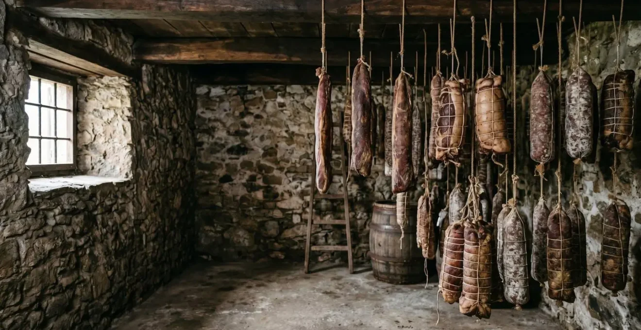 Pièces de charcuterie artisanale en cours d'affinage suspendues dans une cave traditionnelle