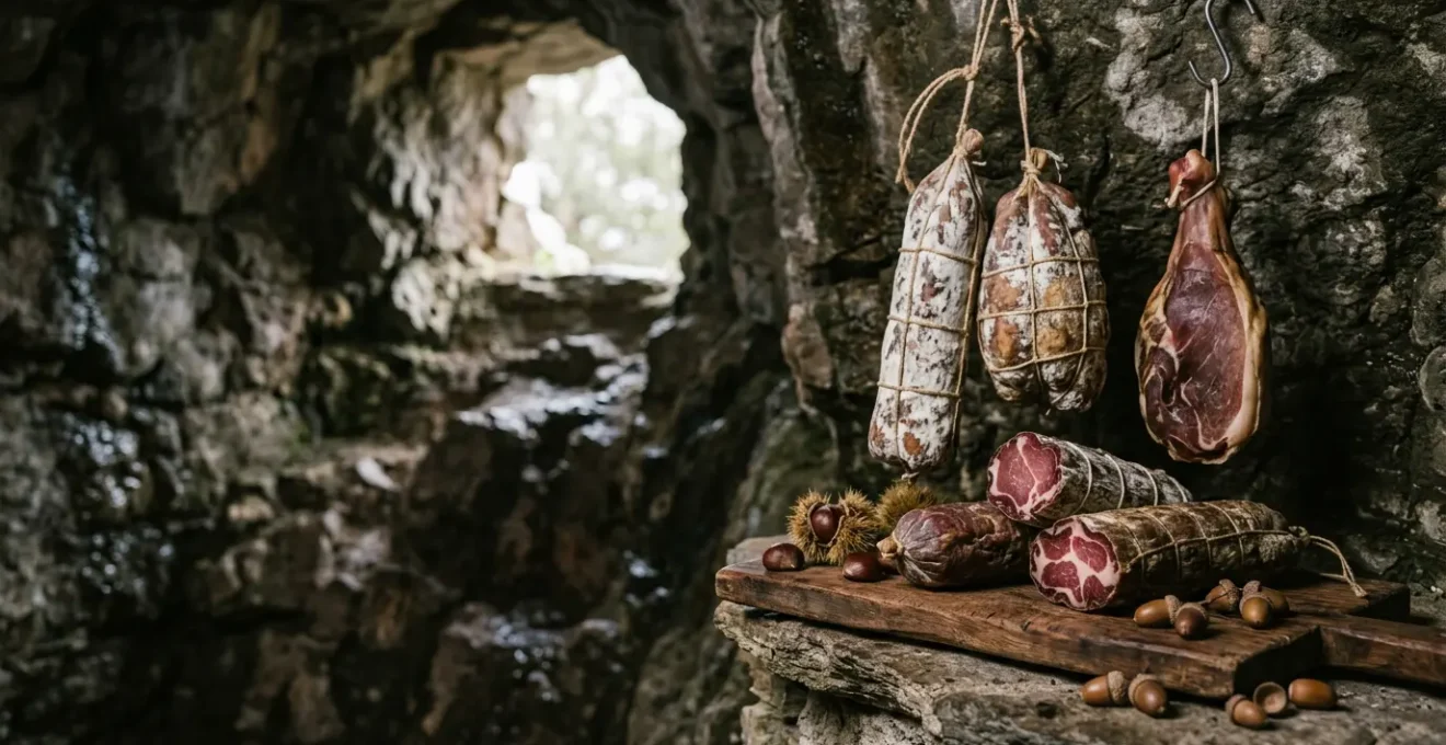 Plateau de charcuterie corse artisanale avec coppa, lonzu et prisuttu sur table rustique