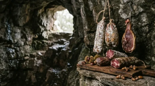 Plateau de charcuterie corse artisanale avec coppa, lonzu et prisuttu sur table rustique