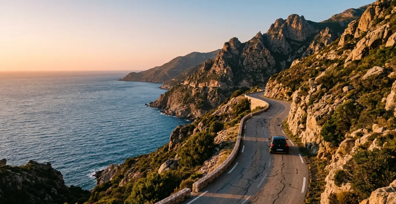 Vue panoramique d'une route côtière sinueuse en Corse avec véhicule circulant entre mer turquoise et montagne