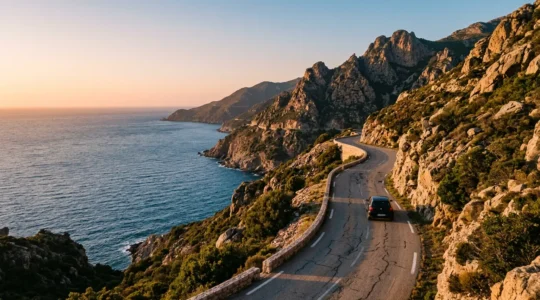 Vue panoramique d'une route côtière sinueuse en Corse avec véhicule circulant entre mer turquoise et montagne