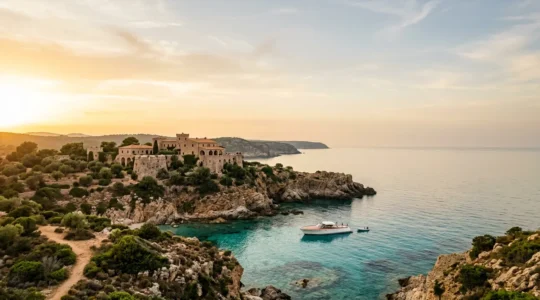 Vue panoramique d'un palace corse surplombant une crique méditerranéenne aux eaux turquoise