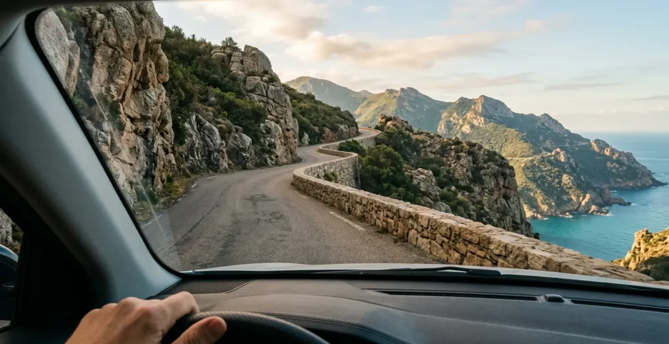 Vue depuis l'habitacle d'une voiture sur une route de montagne corse sinueuse avec murets en pierre et vide impressionnant