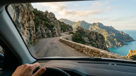 Vue depuis l'habitacle d'une voiture sur une route de montagne corse sinueuse avec murets en pierre et vide impressionnant