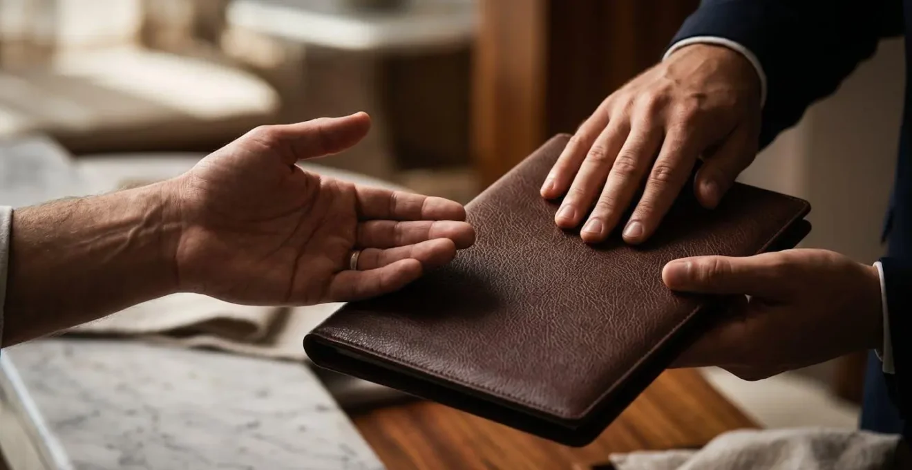 Détail d'une interaction respectueuse entre personnel hôtelier et client dans un cadre de luxe discret