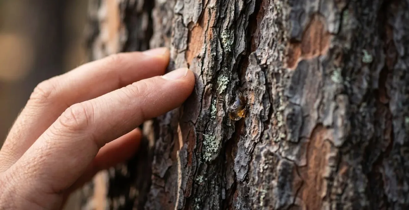 Gros plan tactile d'une main effleurant délicatement l'écorce texturée d'un pin laricio centenaire