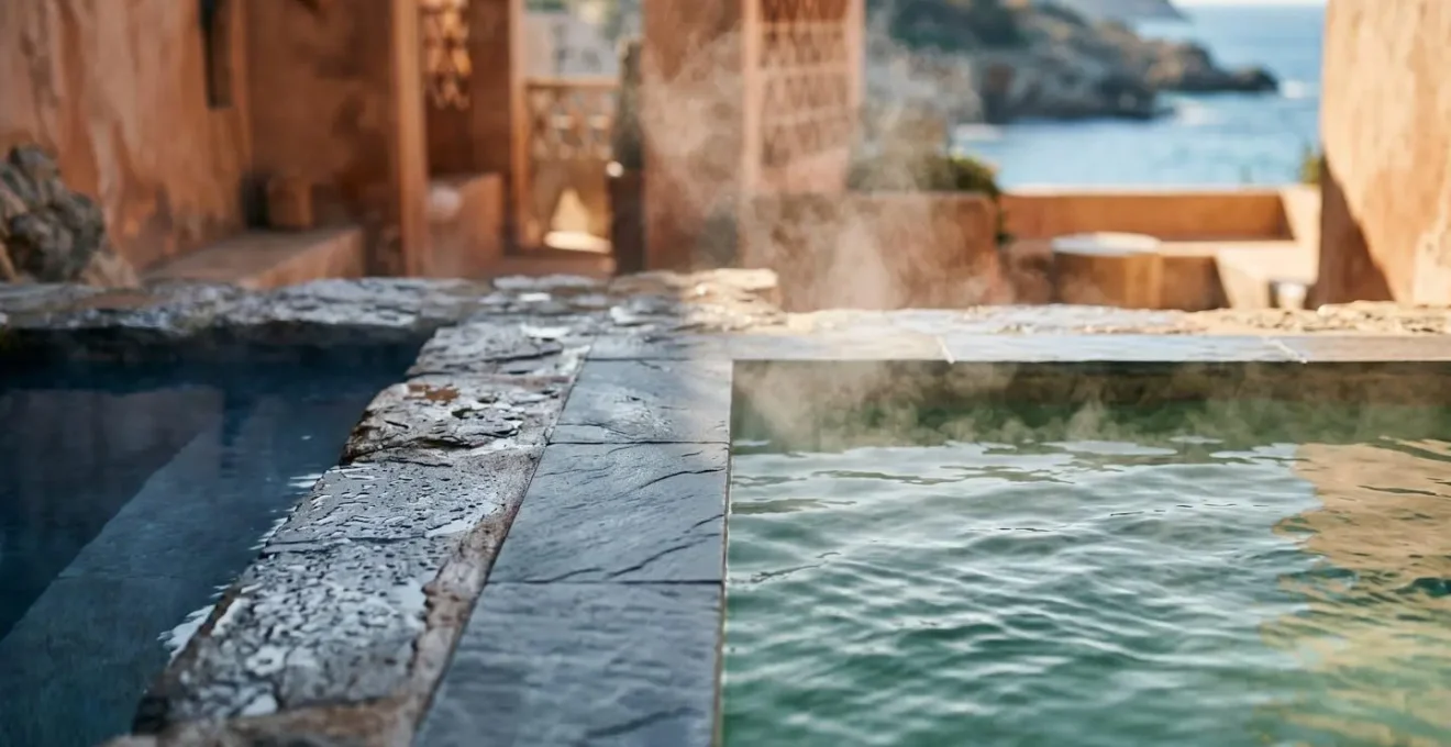 Contraste entre eau de mer chaude fumante et pierres froides dans un spa de thalassothérapie, vapeur s'élevant doucement