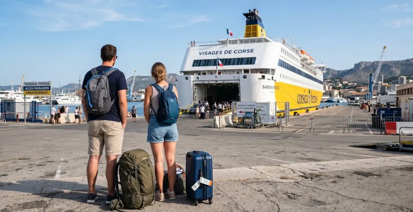 Un couple vu de dos contemple un ferry blanc amarré au quai du port de Toulon, leurs sacs de voyage posés à leurs pieds sous un ciel bleu méditerranéen