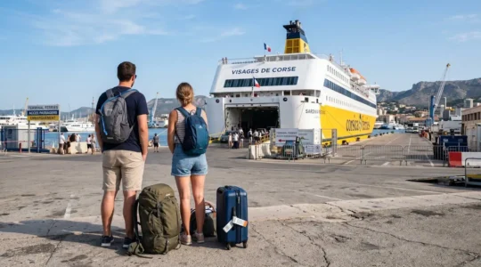 Un couple vu de dos contemple un ferry blanc amarré au quai du port de Toulon, leurs sacs de voyage posés à leurs pieds sous un ciel bleu méditerranéen