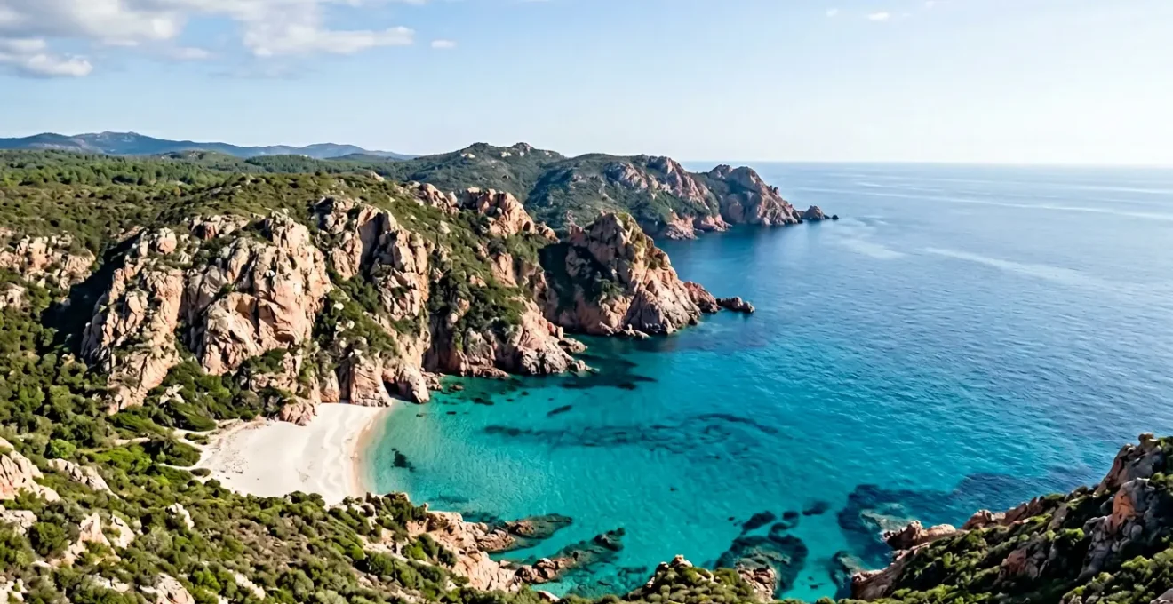 Vue aérienne d'une anse sauvage corse entourée de rochers granitiques, accessible uniquement par la mer, avec des eaux turquoise cristallines