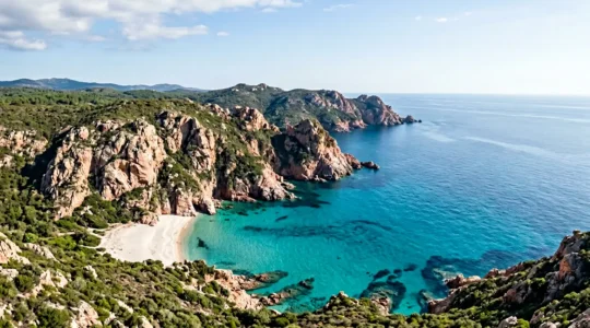 Vue aérienne d'une anse sauvage corse entourée de rochers granitiques, accessible uniquement par la mer, avec des eaux turquoise cristallines