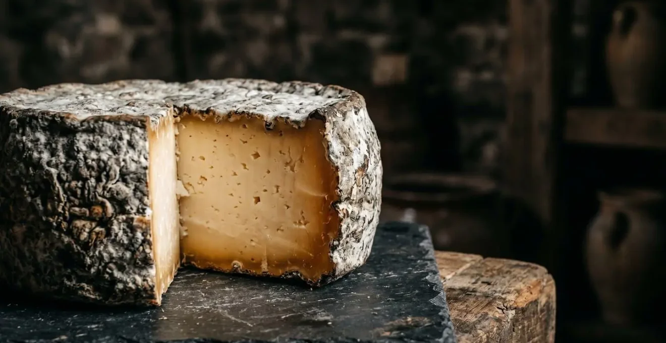 Détail de la croûte naturelle d'un fromage corse artisanal montrant les signes d'affinage traditionnel