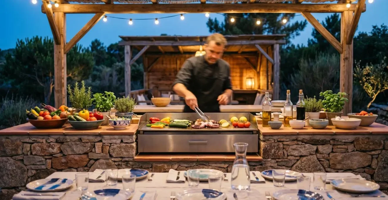 Cuisine d'été méditerranéenne équipée avec plancha et espace de préparation sous pergola naturelle
