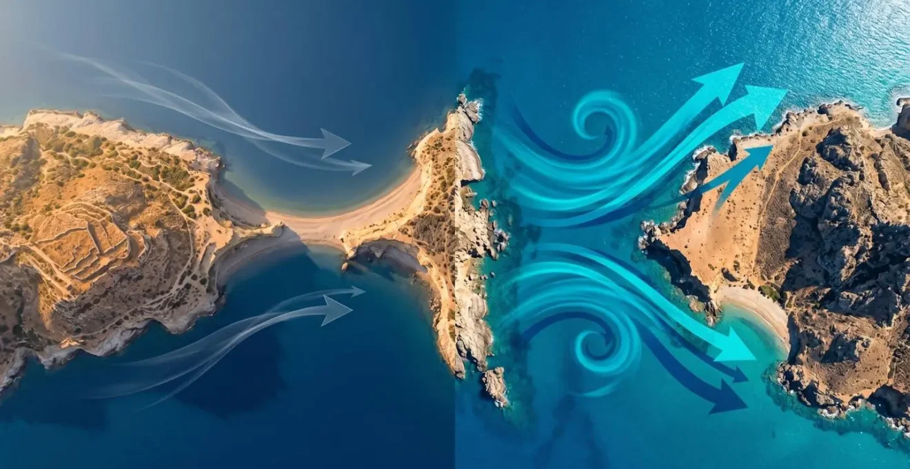 Schéma visuel minimaliste représentant le cycle des vents thermiques sur une côte méditerranéenne, avec des flèches symbolisant les mouvements d'air