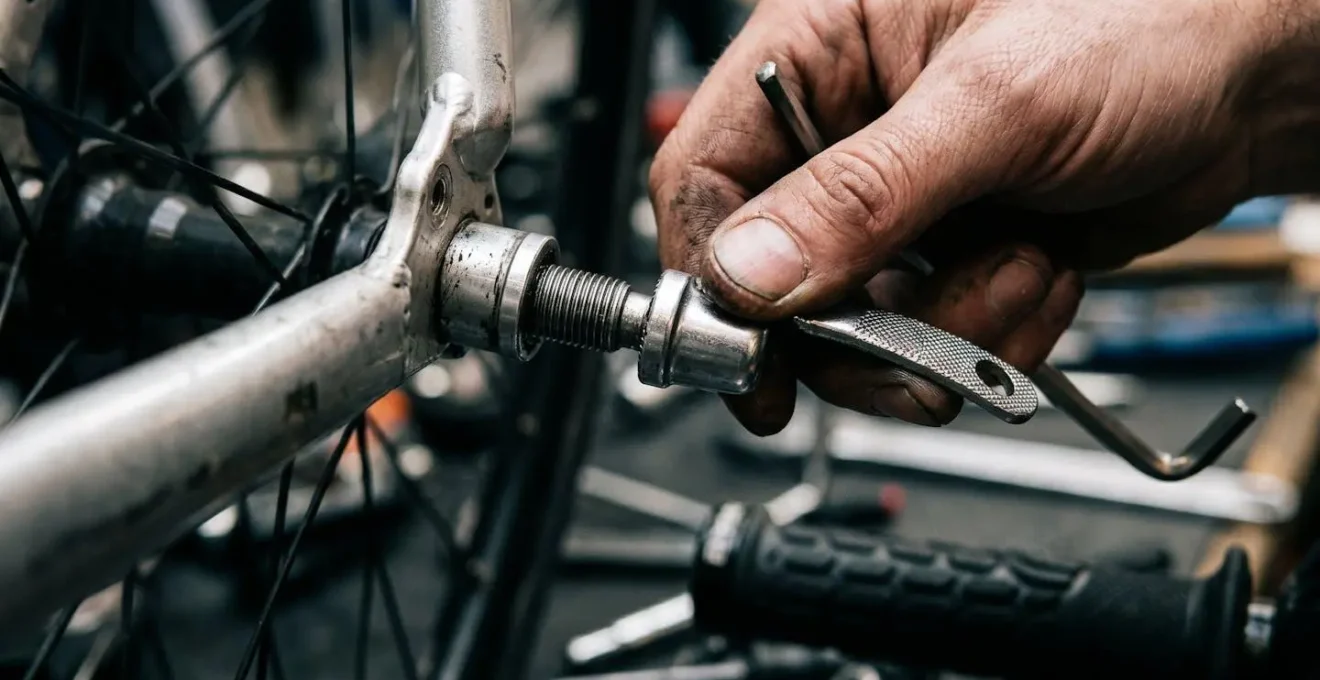 Gros plan sur des mains démontant un équipement sportif, composants posés sur surface neutre